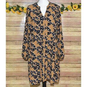 Nine West Neutral Brown Black Floral Long Sleeve Tiered Dress at Knee Size L
